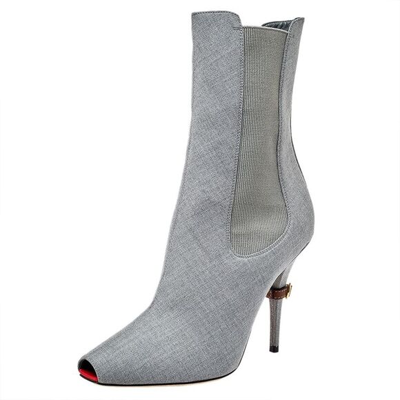 Burberry Grey Canvas And Elastic Fabric Peep Toe Kenzie Ankle Boots Size 37 - Picture 1 of 4